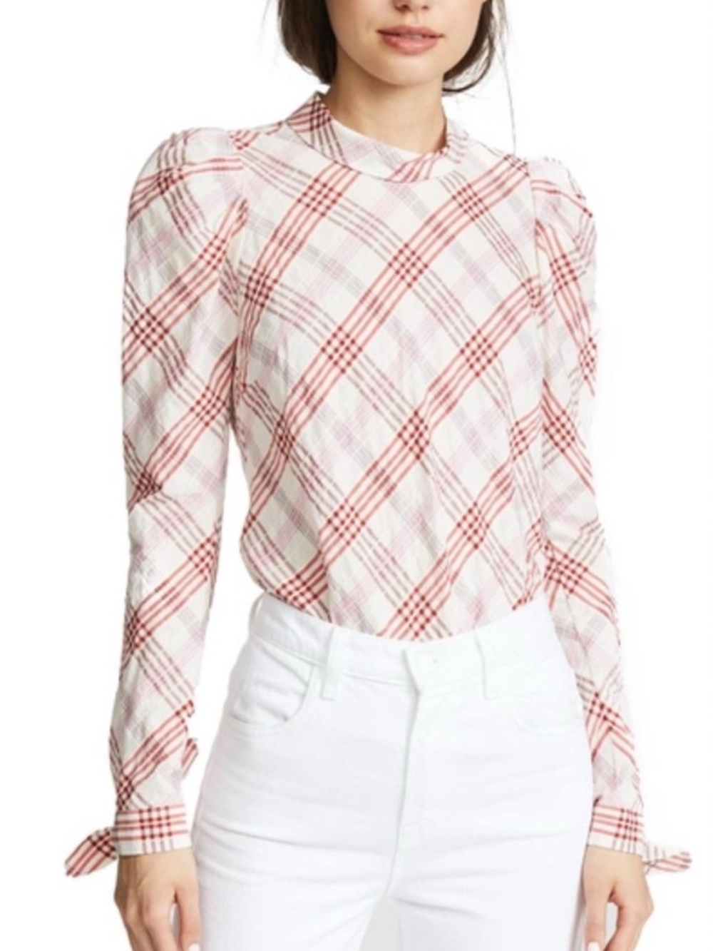 VERONICA BEARD Isabel Mock Neck Button Down Back Plaid Top white red pink sz 12